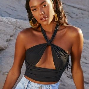 Oh Polly CUT OUT WRAP CROP TOP IN BLACK